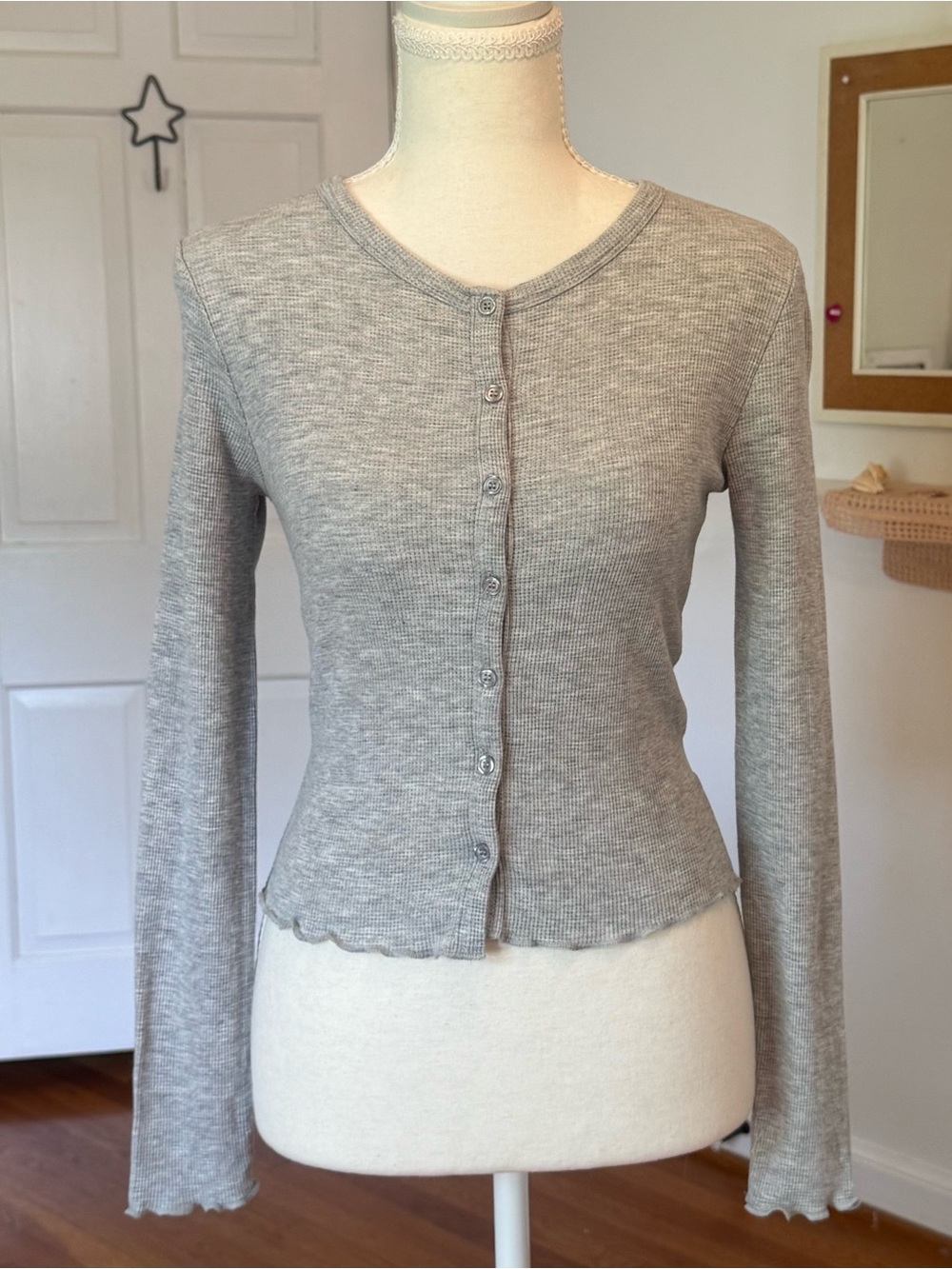 Pink Rose L/S Heather Grey Ribbed Button-Up Crop Cardigan Lettuce Trim Sz Medium